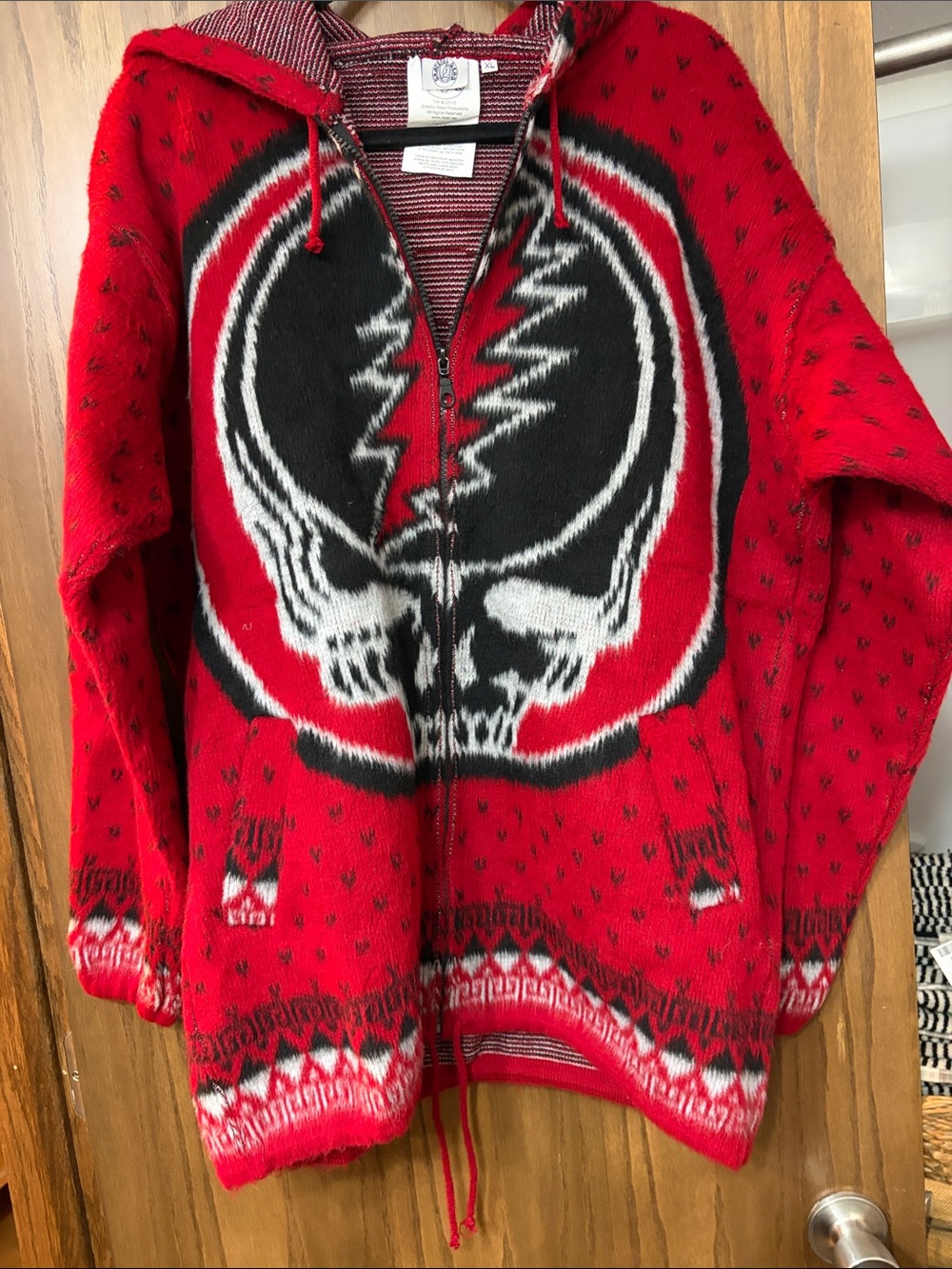 Grateful Dead Red Hooded Zip-Up Sweater with Black & White Skull